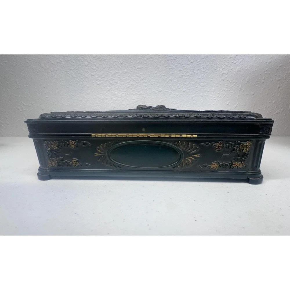 Vintage Ornate Floral Embossed Celluloid Jewelry Box with Rose Bronzing Taiwan